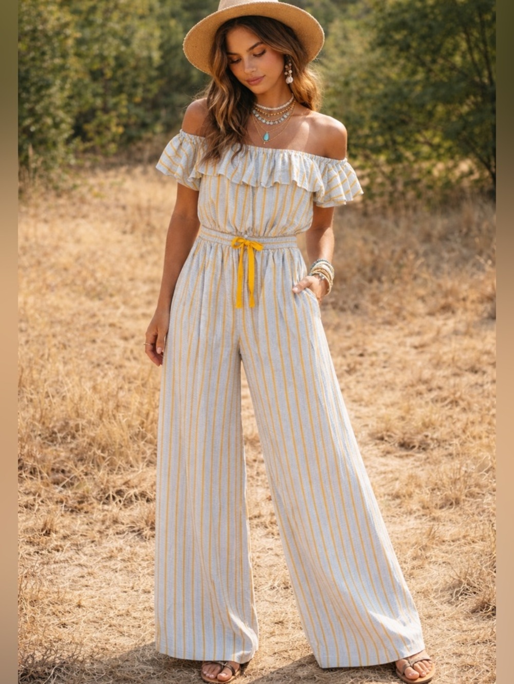 18. Striped Off-Shoulder Yellow & Cream Wide-Leg Jumpsuit with Pockets